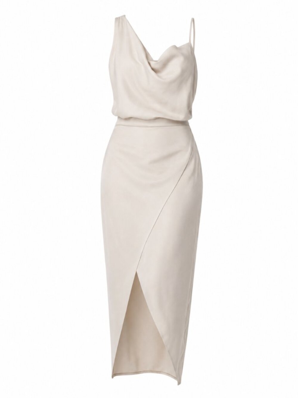 NWT Missguided Cream Satin Cowl Neck Asymmetric Strap Draped Midi Dress US 10